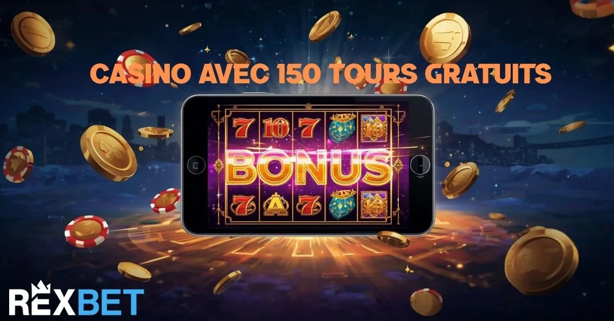 Casino en ligne avec 150 tours gratuits sur machine à sous mobile, pièces d’or et bonus affiché, promotion Rexbet.