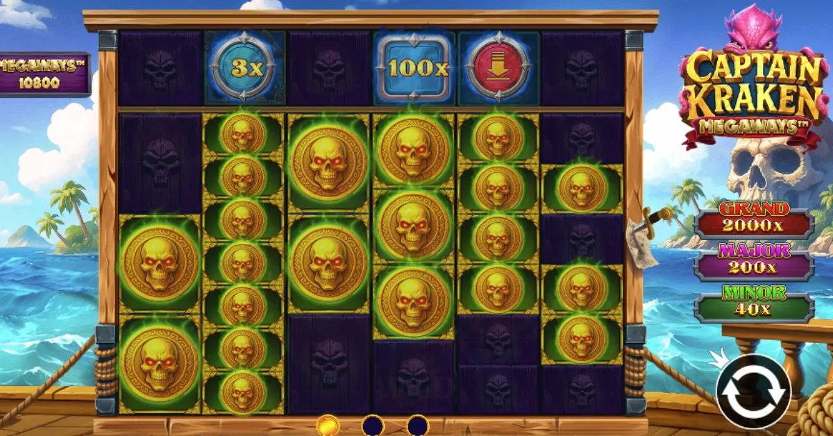 **Alt text :** Screenshot of the Captain Kraken Megaways online slot game showing skull symbols filling the reels, with multiplier icons like 3x and 100x and jackpot levels displayed on the side.