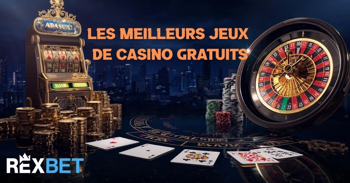 Les meilleurs jeux de casino gratuits avec machine à sous, roulette et cartes sur une table de casino, promotion Rexbet.