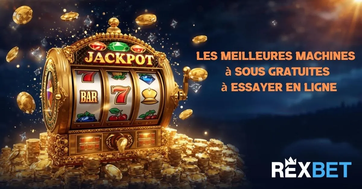Machine à sous jackpot entourée de pièces d’or présentant les meilleures machines à sous gratuites à essayer en ligne – Rexbet.
