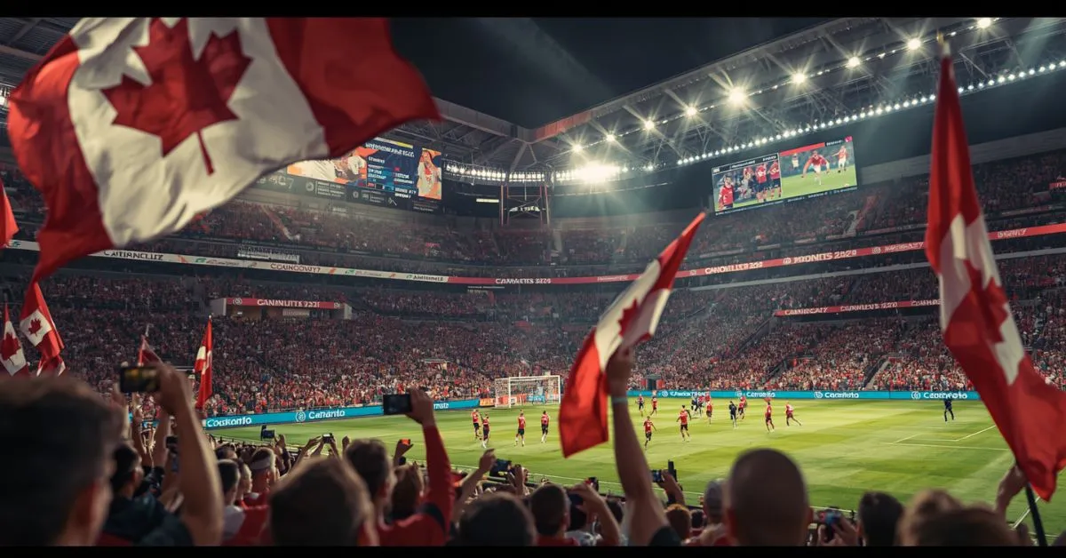 Crowd of Canadian soccer fans waving red-and-white flags inside a packed stadium as the Canada national team plays on the field during a high-energy match.